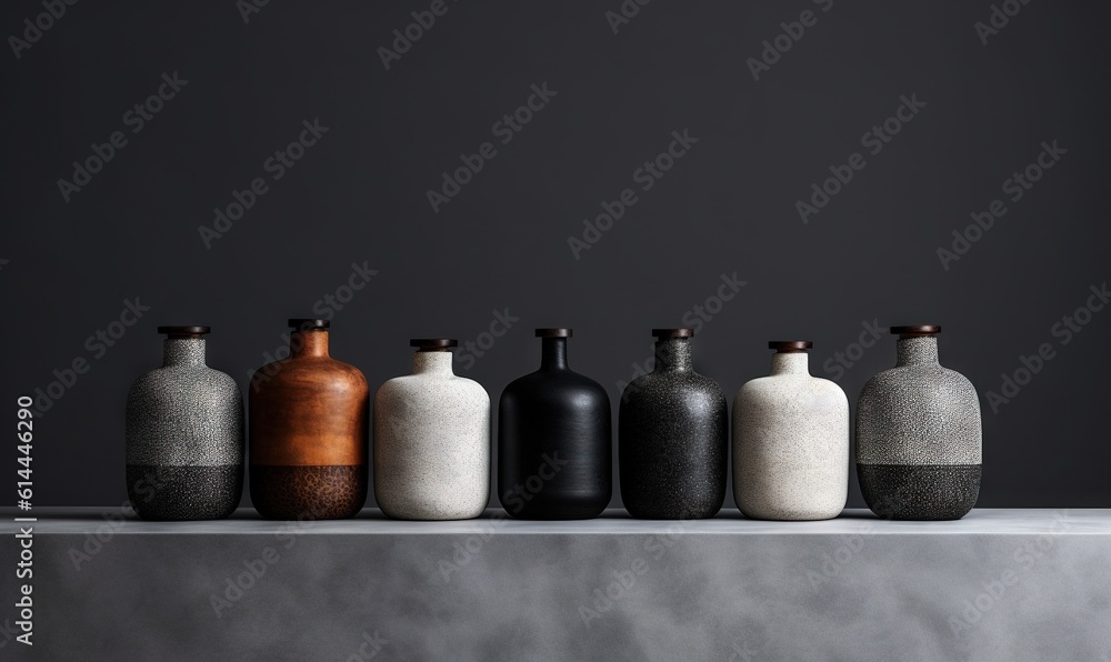 a row of vases sitting on top of a table next to each other in different colors and sizes of black, white, brown, and grey. generative ai a row of vases sitting on top of a table next to each other in different colors and sizes of black, white, brown, and grey. generative ai
