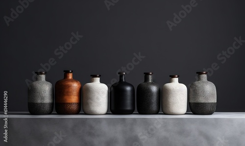  a row of vases sitting on top of a table next to each other in different colors and sizes of black, white, brown, and grey.  generative ai photo