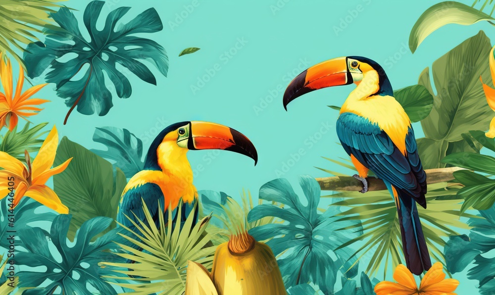 Obraz premium two colorful birds sitting on a branch in the jungle with tropical plants and flowers on a blue background with yellow flowers and green foliages. generative ai