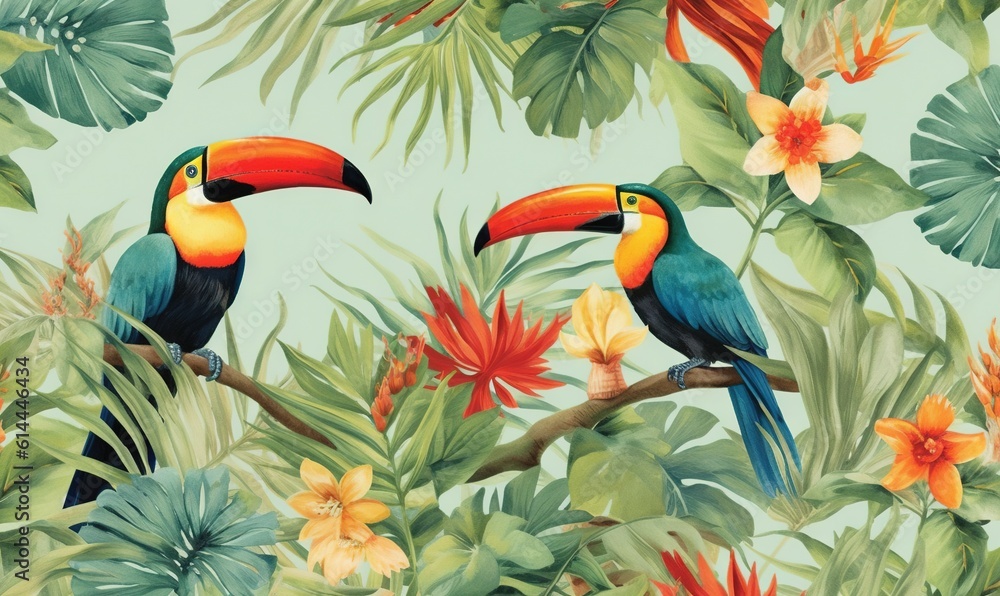 a painting of two birds sitting on a branch in a tropical forest with flowers and leaves on a light blue background with white and yellow flowers. generative ai a painting of two birds sitting on a branch in a tropical forest with flowers and leaves on a light blue background with white and yellow flowers. generative ai
