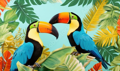  a painting of two birds sitting on a branch with tropical leaves and palm trees in the background, with a blue sky and green sky. generative ai