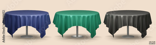 Set of Round Table with Tablecloth Isolated on beige Background. Meeting room table clothes, black, blue and green silk table clothes. 3D vector illustration.