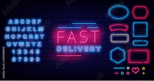 Fast delivery neon signboard. Glowing advertising. Geometric frames collection. Vector stock illustration