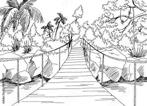 Suspension bridge in the jungle graphic black white landscape sketch illustration vector