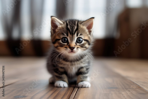 Portrait of a cute striped gray kitten in a room on the floor.Generative AI