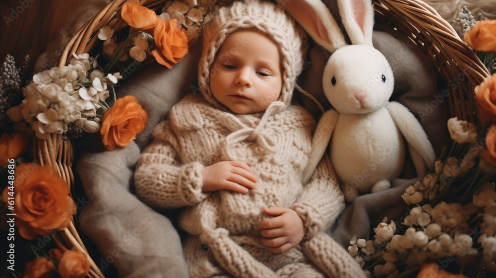 Portrait of a cute newborn baby with a toy bunny, the baby sleeps in the crib photozone. Created in AI. Portrait of a cute newborn baby with a toy bunny, the baby sleeps in the crib photozone. Created in AI.