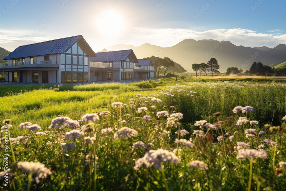 House sitting in the green grass with mountains, sun and flowers House sitting in the green grass with mountains, sun and flowers