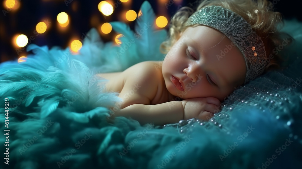 A newborn beautiful baby sleeps in a delicate bed made of feathers and down in turquoise bokeh colors. Created in AI. A newborn beautiful baby sleeps in a delicate bed made of feathers and down in turquoise bokeh colors. Created in AI.