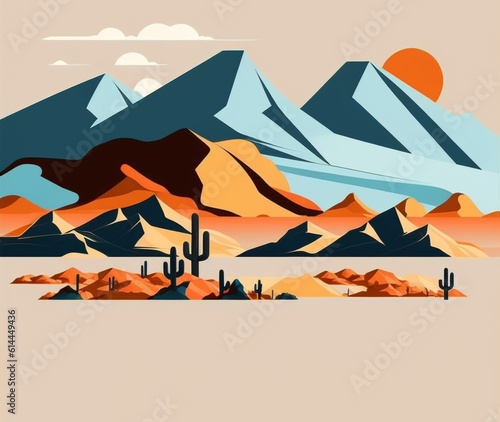 desert landscape with mountains and cacti  colorful illustration 