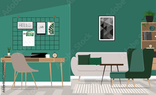 Typewriter on a wooden desk standing in a green living room interior with couch and geometric poster on the wall