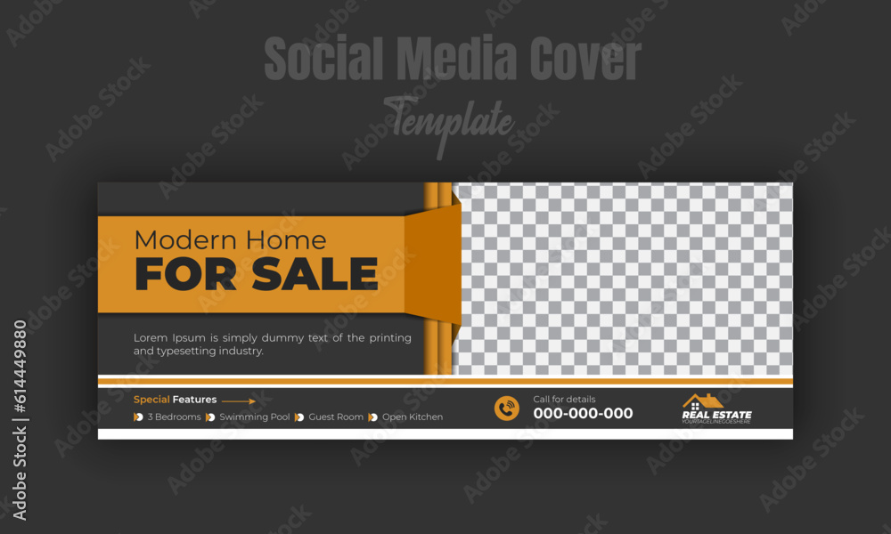Fototapeta premium Social media cover design template for real estate company web advertising with geometric orange shapes and black background, banner, timeline post, modern house for sale web banner