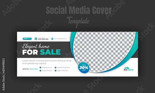 Real estate company social media cover design template, modern house for sale promotion timeline post, web banner, abstract minimal blue gradient and black color shape with white background