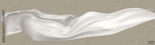 Flying white silk textile fabric flag background. Smooth elegant white Satin Isolated on beige Background for grand opening ceremony. White curtain. 3d vector illustration