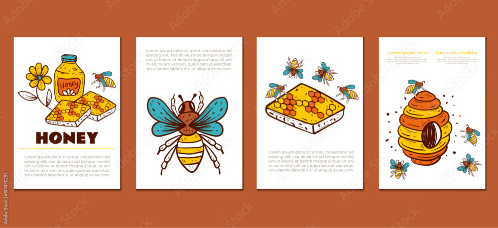 Honey honeycomb honeybee poster banner flyer isolated set. Vector design graphic illustration
