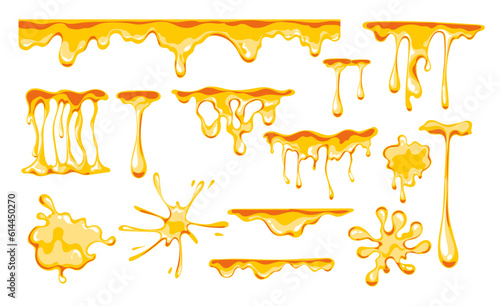 Honey melt syrup sauce flow drop drip sweet dessert isolated set. Vector design graphic illustration