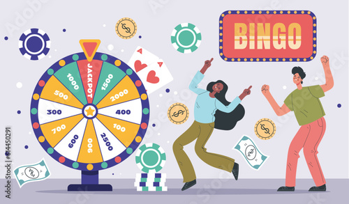 Lottery luck lucky win wheel spin game jackpot roulette concept. Vector graphic design illustration