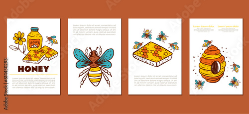 Honey honeycomb honeybee poster banner flyer isolated set. Vector design graphic illustration
