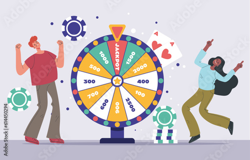 Lottery luck lucky win wheel spin game jackpot roulette concept. Vector graphic design illustration
