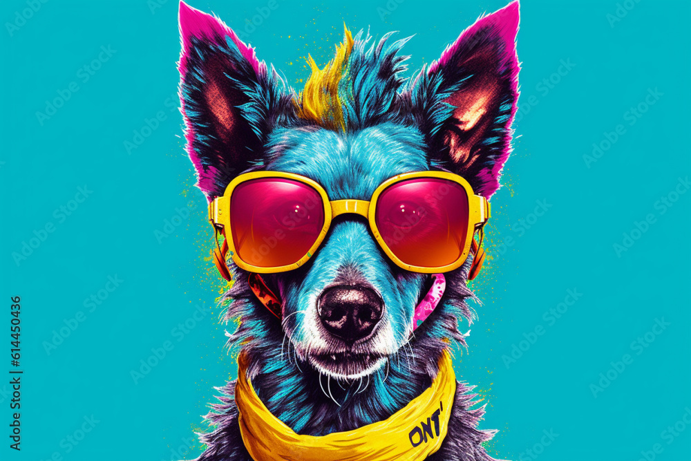 A funny dog wearing sunglasses, exuding a playful and lighthearted vibe with its colorful and amusing appearance. Ai generated