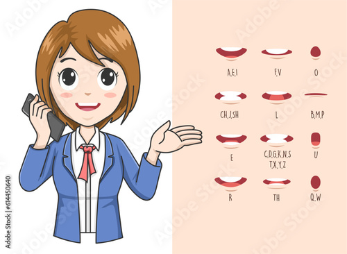 Businesswoman lip sync. Lip sync collection for animation. female mouth animation. Phoneme mouth chart. Alphabet pronunciation. Vector illustration.