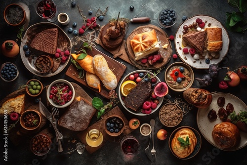 Flat lay of delicious dinner table with roasted meat steak, appetizers and desserts. Top view. Healthy food concept.,Generative AI