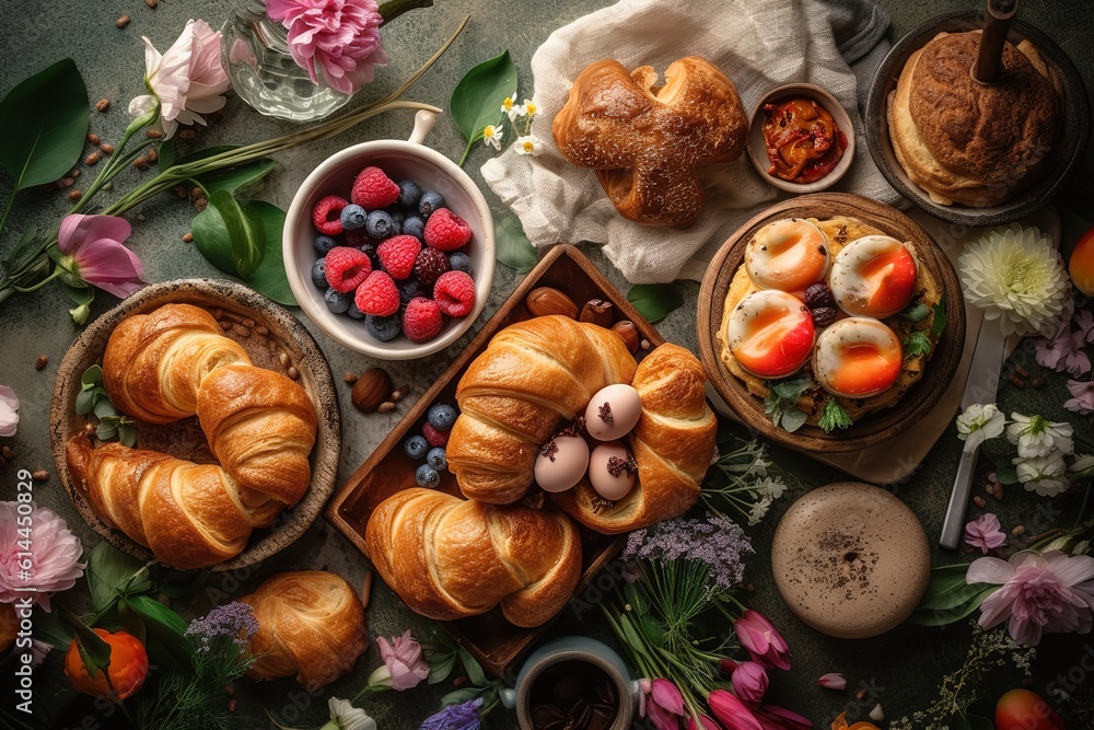 Breakfast flat lay with scrambled eggs bagels, orange tulips, bread toast with fried egg and green asparagus, colored quail eggs and spring holidays decorations. Top view.,Generative AI.. Breakfast flat lay with scrambled eggs bagels, orange tulips, bread toast with fried egg and green asparagus, colored quail eggs and spring holidays decorations. Top view.,Generative AI..