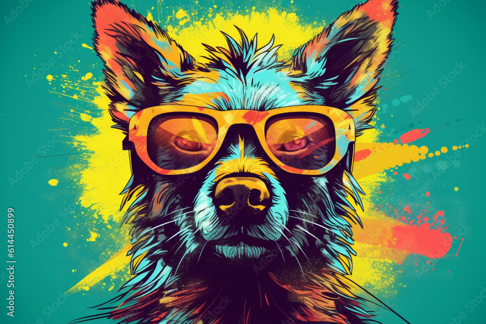 A funny dog wearing sunglasses, exuding a playful and lighthearted vibe with its colorful and amusing appearance. Ai generated