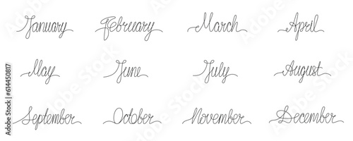 Month name continues single line set. Vector handwritten signs pack isolated on white background for print calendar, planner, diary. Editable stroke.