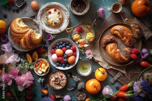 Easter breakfast flat lay with scrambled eggs bagels, orange tulips, bread toast with fried egg and green asparagus, colored quail eggs and spring holidays decorations. Top view.,Generative AI