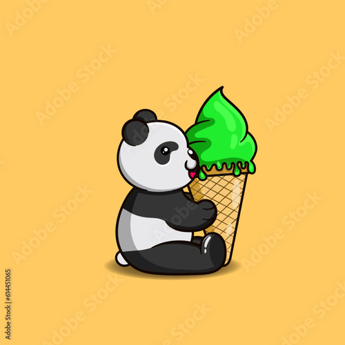 Vector illustration of cute panda licking ice cream.
