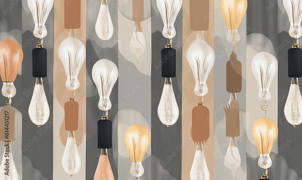  a group of different colored lamps hanging from a ceiling fixture in a room with a wallpapered wall behind them and a wall hanging from the ceiling.  generative ai