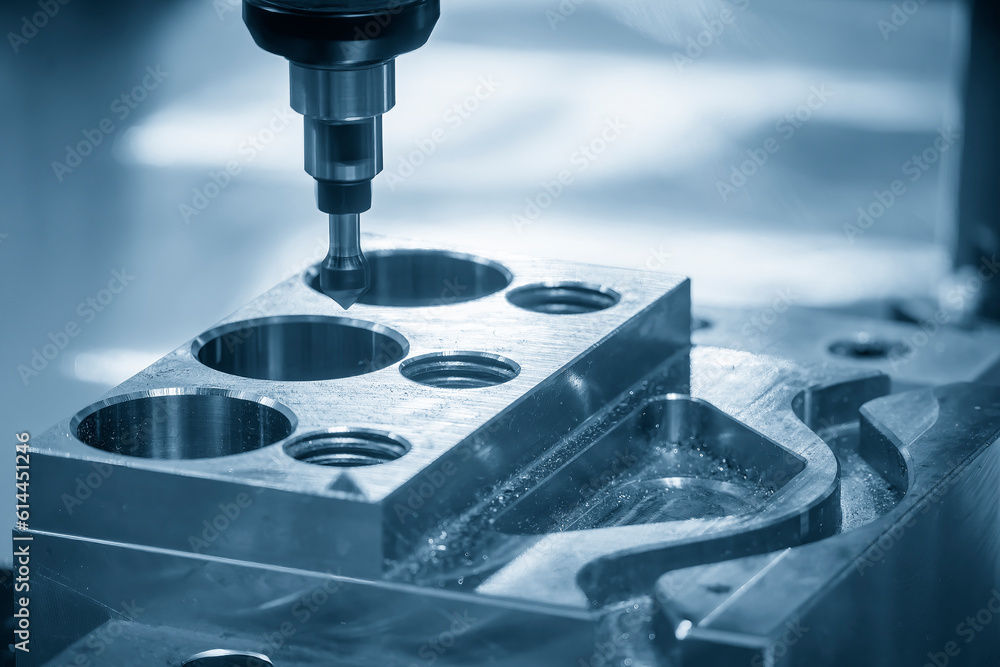 The CNC milling machine chamfer cutting mold base part by chamfer tool in the light blue scene. The CNC milling machine chamfer cutting mold base part by chamfer tool in the light blue scene.