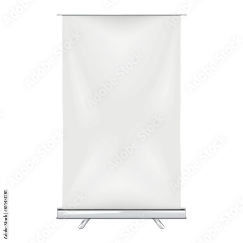 Blank vertical roll-up banner stand vector mock-up. Pull-up roller retractable standee mockup. White pop-up advertising display template
