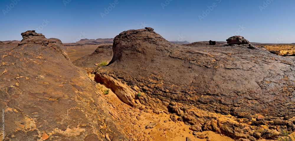 West Africa. Mauritania. Panorama of lava formations of ancient volcanoes on top of a destroyed plateau in the Agro Nature Park near the town of Shingetti.