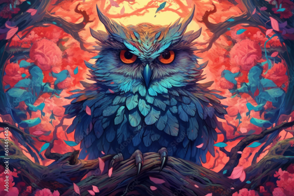 A vector illustration of an owl in the forest, adorned with vibrant and captivating colors. Ai generated