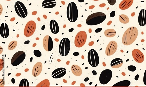  a white background with black, orange, and brown circles and dots of different sizes and shapes on a white background with a red border. generative ai