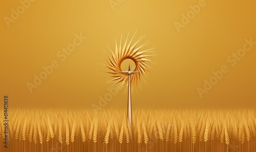  a golden field with a tall pole in the middle of it and a cross in the middle of the field in the middle of it.  generative ai