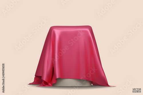 Podium covered with a piece of pink silk isolated on beige background. Realistic box covered with red cloth. Podium for product, cosmetic presentation. Creative mock up. 3d vector illustration.