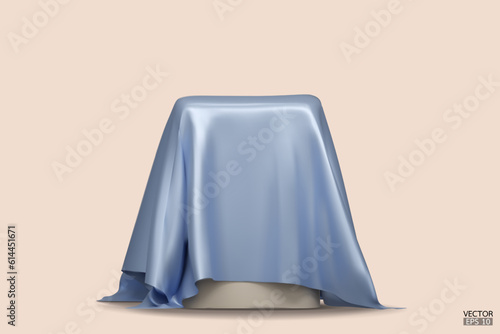 Podium covered with a piece of blue silk isolated on beige background. Realistic box covered with blue cloth. Podium for product, cosmetic presentation. Creative mock up. 3d vector illustration.