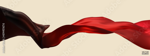 Flying gradient black to red silk textile fabric flag background. Smooth elegant red Satin Isolated on beige Background for grand opening ceremony. Red to black curtain. 3d vector illustration