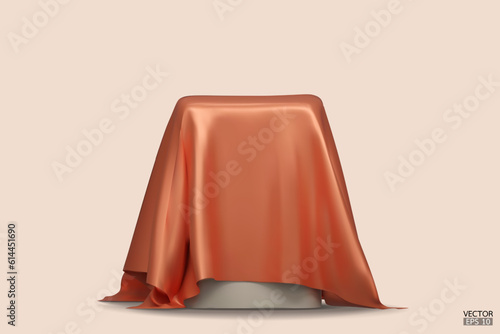 Podium covered with a piece of orange silk isolated on beige background. Realistic box covered with orange cloth. Podium for product, cosmetic presentation. Creative mock up. 3d vector illustration.