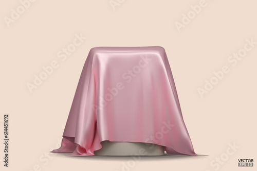 Podium covered with a piece of light pink silk isolated on beige background. Realistic box covered with pink cloth. Podium for product, cosmetic presentation. Creative mock up. 3d vector illustration.