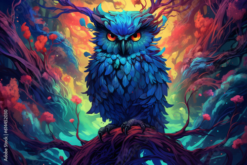 A vector illustration of an owl in the forest  adorned with vibrant and captivating colors. Ai generated
