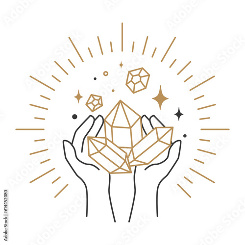 Hand with crystals. Mystical, esoteric, magic or healing crystals. Vector illustration in trendy linear minimal style. Astrological symbols. Logo and icons for cosmetics or beauty products