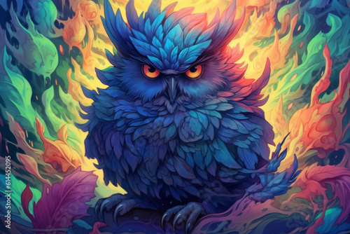 A vector illustration of an owl in the forest, adorned with vibrant and captivating colors. Ai generated © dragomirescu