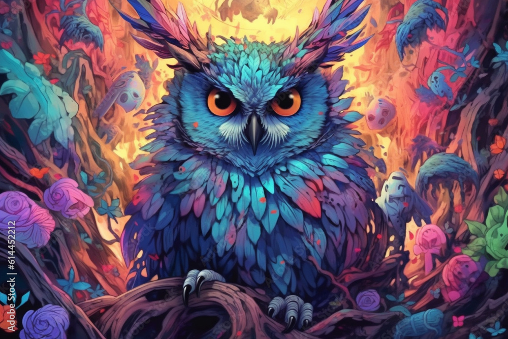 A vector illustration of an owl in the forest, adorned with vibrant and captivating colors. Ai generated A vector illustration of an owl in the forest, adorned with vibrant and captivating colors. Ai generated