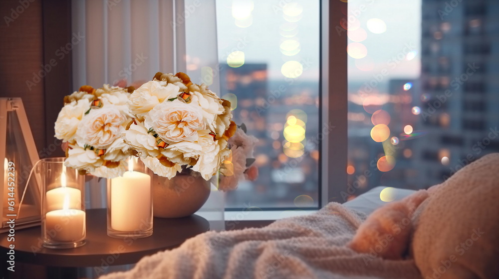 modern design bedroom,big windows  view on night city ,flowers and candles cozy room,buildings blurred light,generated ai