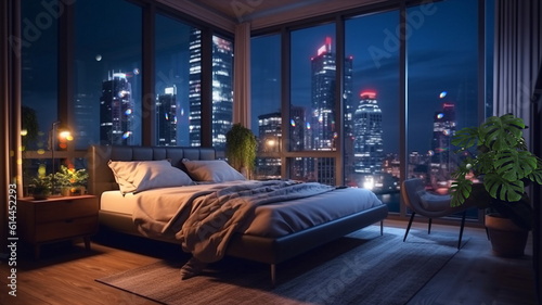 modern design bedroom,big windows view on night city ,flowers and candles cozy room,buildings blurred light,generated ai