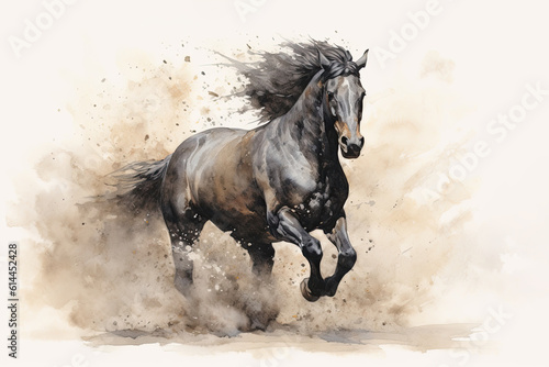 Black stallion galloping. Beautiful horse kicking up dust. Watercolour style digital illustration. © Rixie