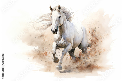 White stallion galloping. Beautiful horse kicking up dust. Watercolour style digital illustration. AI